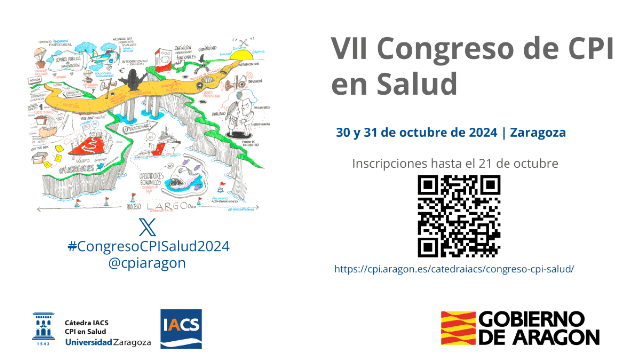 Banner del VII Congreso de CPI en Salud<br />
30 y 31 de octubre de 2024 en Paraninfo de Zaragoza<br />
Inscripciones abiertas en https://cpi.aragon.es/catedraiacs/congreso-cpi-salud/