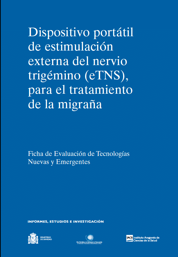 Portada de la ficha de evaluación de tecnologías emergentes: "Dispositivo portátil de estimulación externa del nervio trigémino (eTNS), para el tratamiento de la migraña"